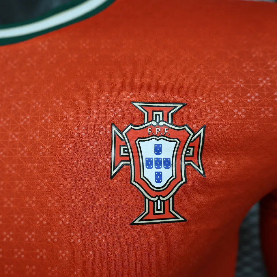 2025 Portugal Home Red Player Version Long Sleeve Soccer Jersey Detail 2