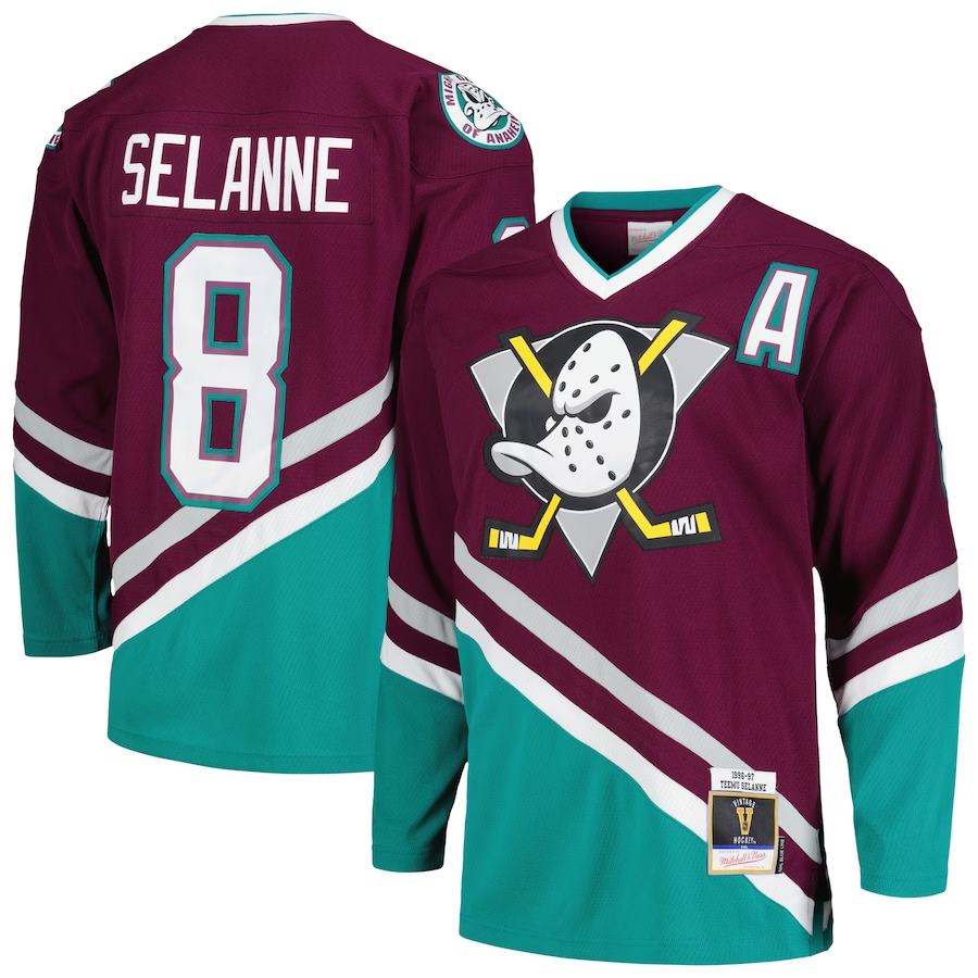 Men's Anaheim Ducks Teemu Selanne Mitchell #8 Ness Purple 1996/97 Alternate Captain Patch Blue Line Player Jerseys