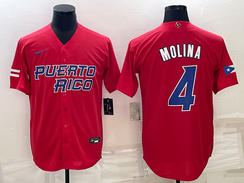 Men's 2023 World Baseball Classic #4 Yadier Molina Puerto Rico Red Jerseys