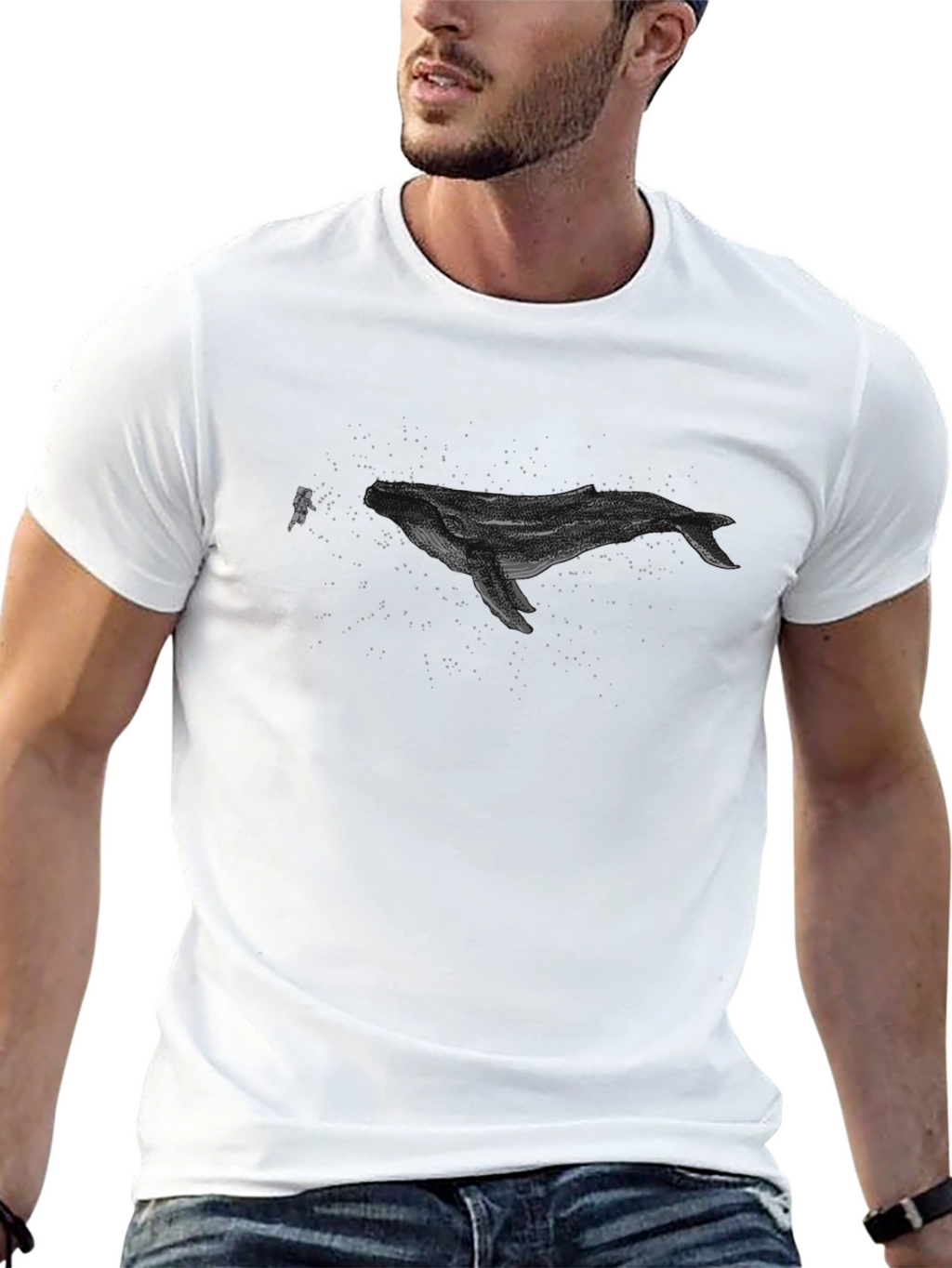 Astronaut Whale Graphic T-Shirt - Black Crew Neck