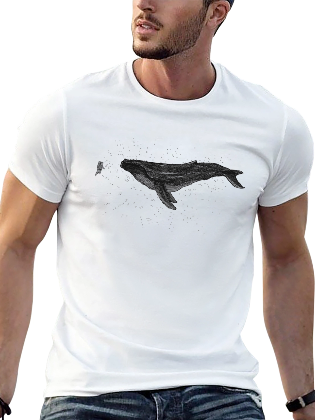 Astronaut Whale Graphic T-Shirt - Black Crew Neck