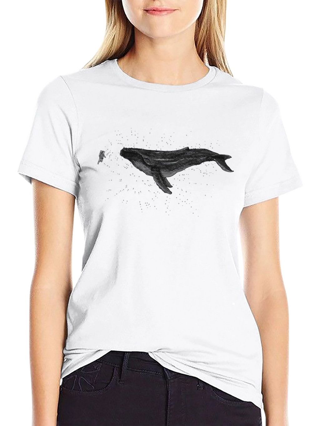 Astronaut Whale Graphic T-Shirt - Black Crew Neck