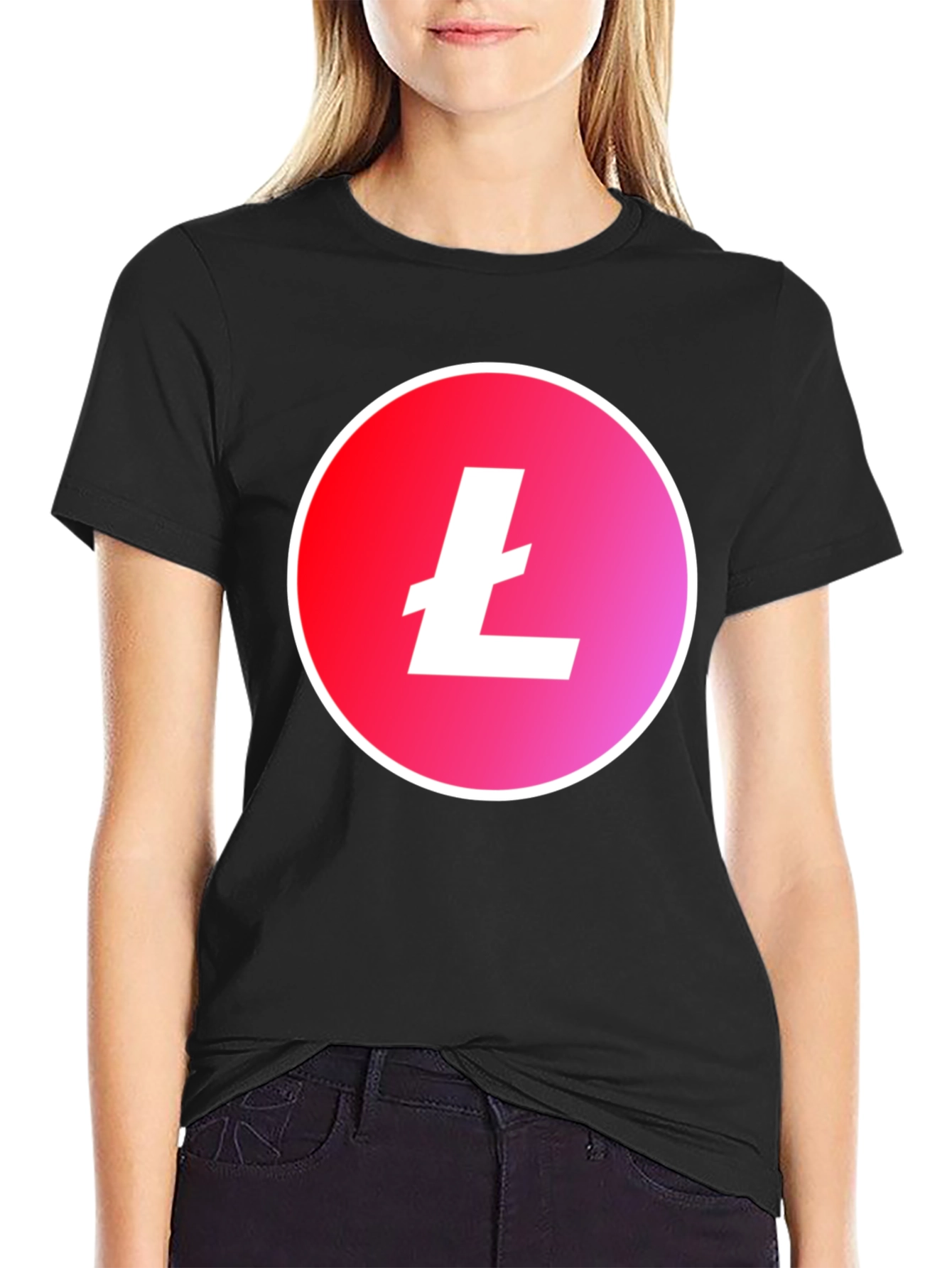 Litecoin Crypto Black T-Shirt - Red & Pink Gradient Circle