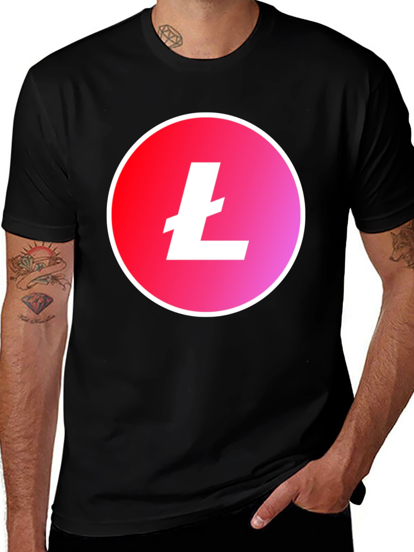 Litecoin Crypto Black T-Shirt - Red & Pink Gradient Circle