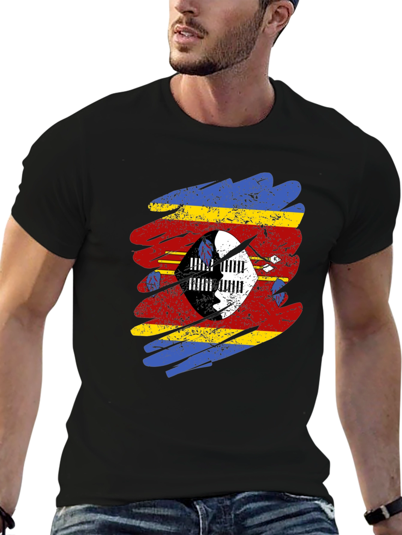 Eswatini Flag Brushstroke T-Shirt - Black