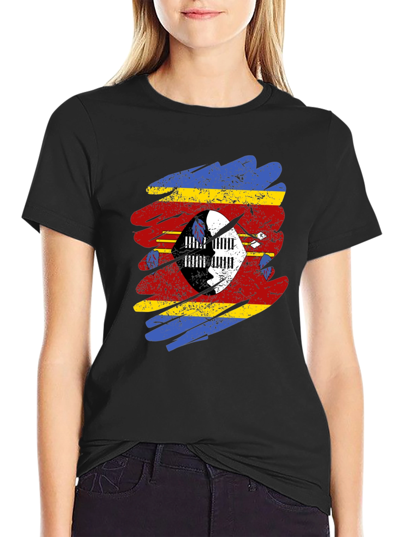 Eswatini Flag Brushstroke T-Shirt - Black