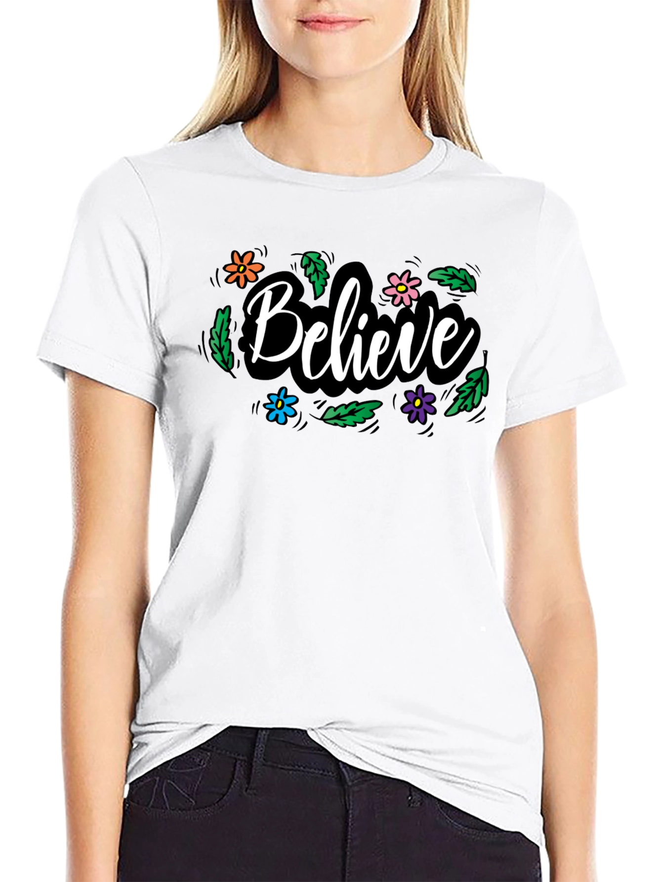Believe Floral Graphic Black T-Shirt