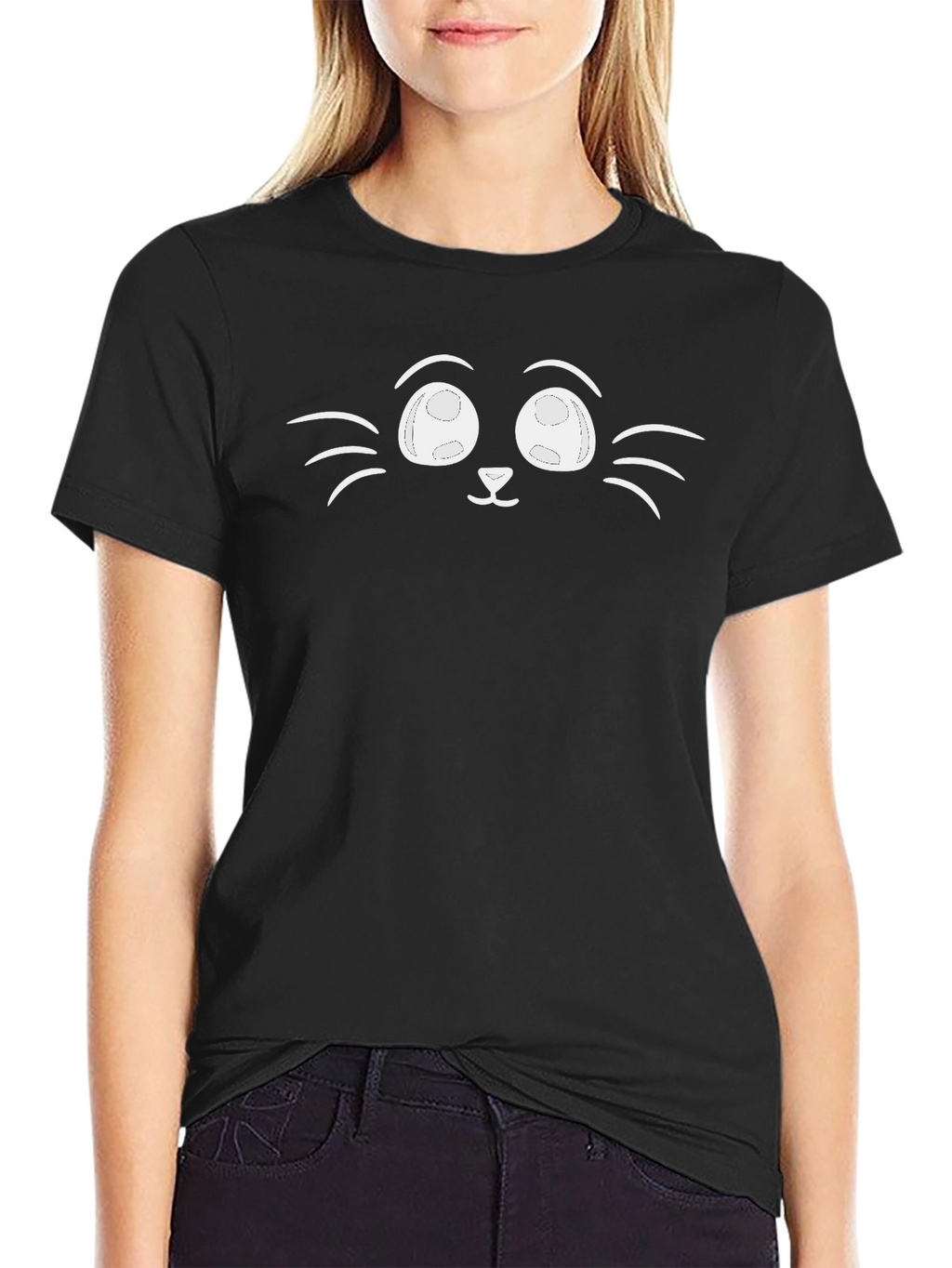 Cute Cat Face Graphic Black T-Shirt