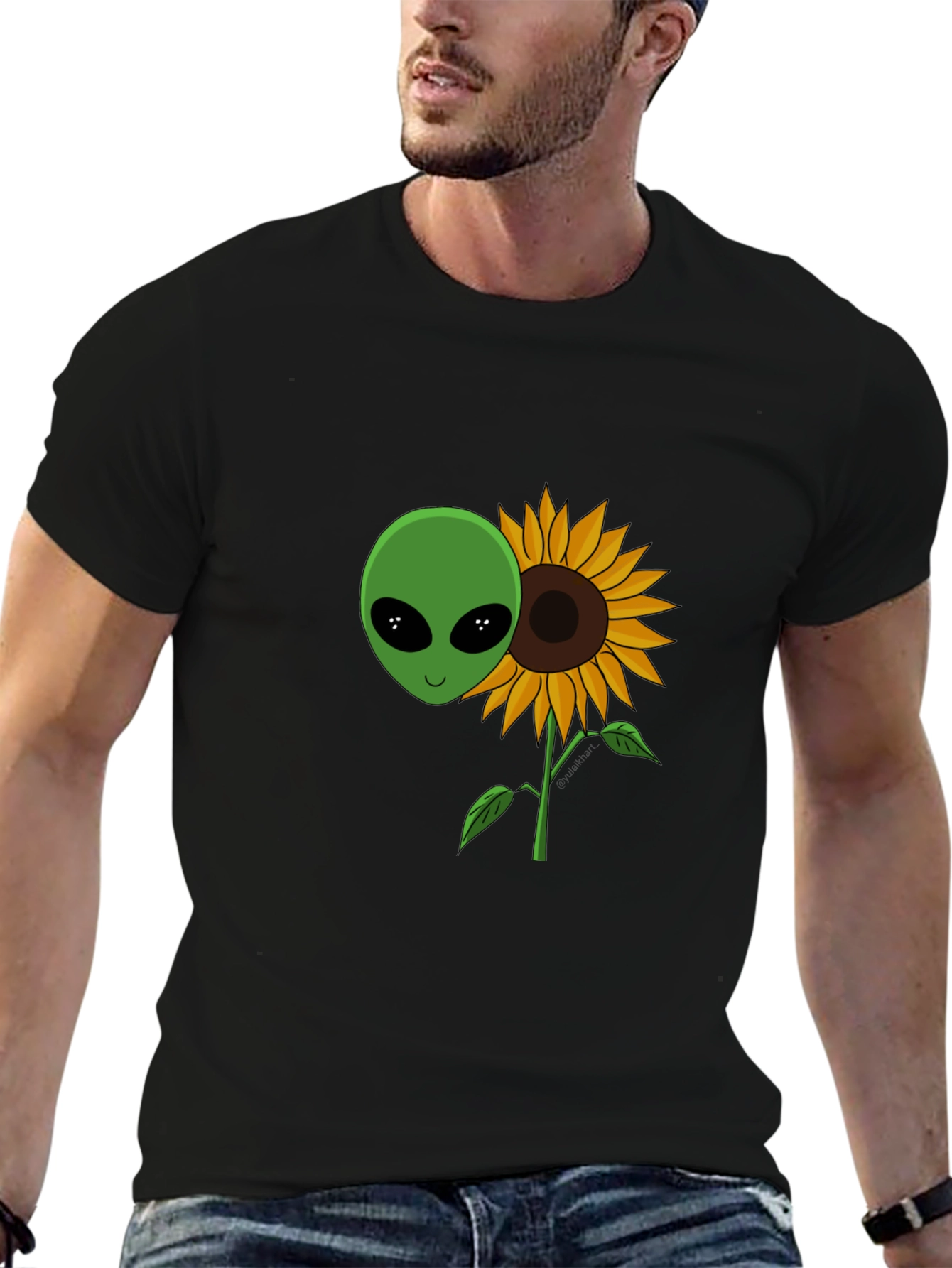 Alien Sunflower Graphic T-Shirt - Black Cotton Blend