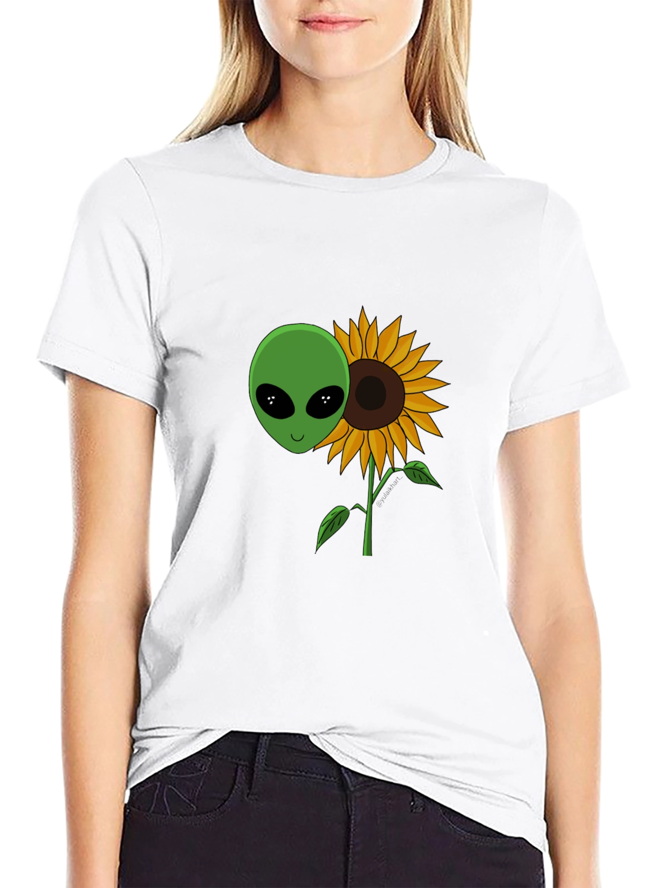 Alien Sunflower Graphic T-Shirt - Black Cotton Blend