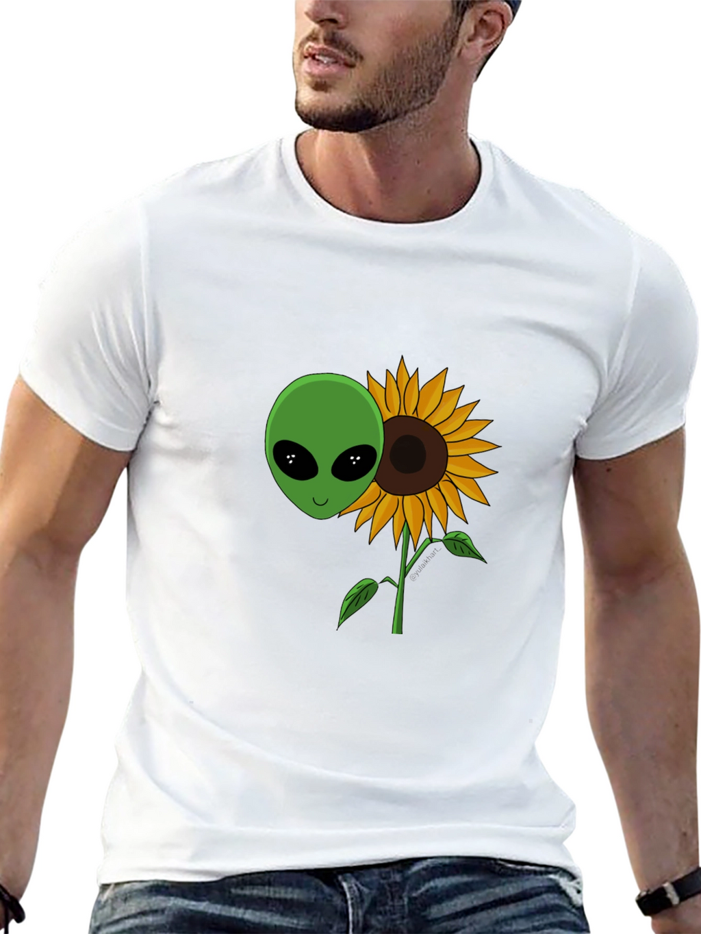 Alien Sunflower Graphic T-Shirt - Black Cotton Blend
