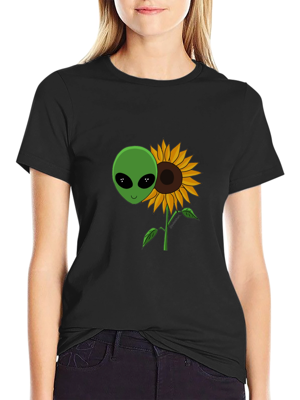 Alien Sunflower Graphic T-Shirt - Black Cotton Blend