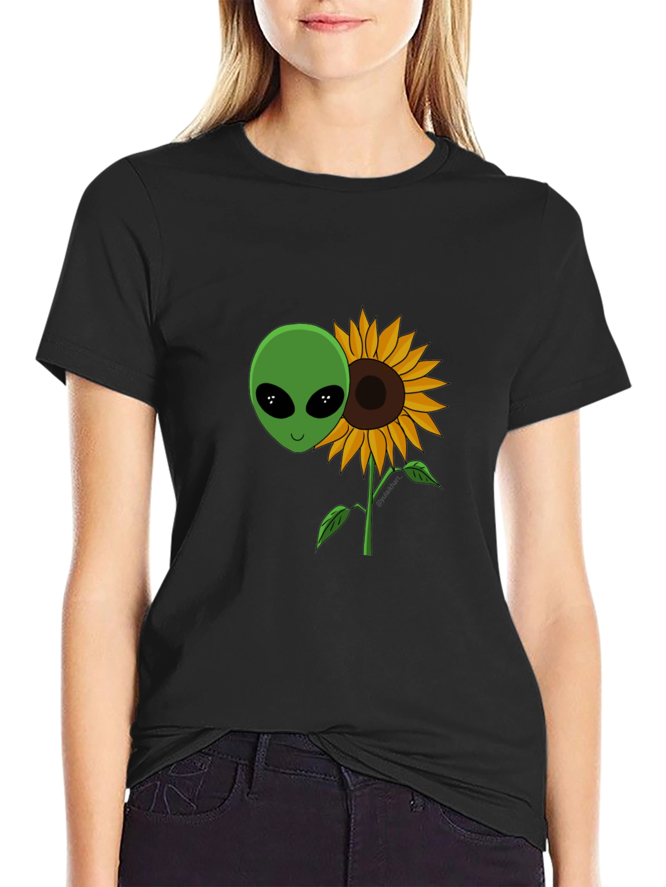 Alien Sunflower Graphic T-Shirt - Black Cotton Blend