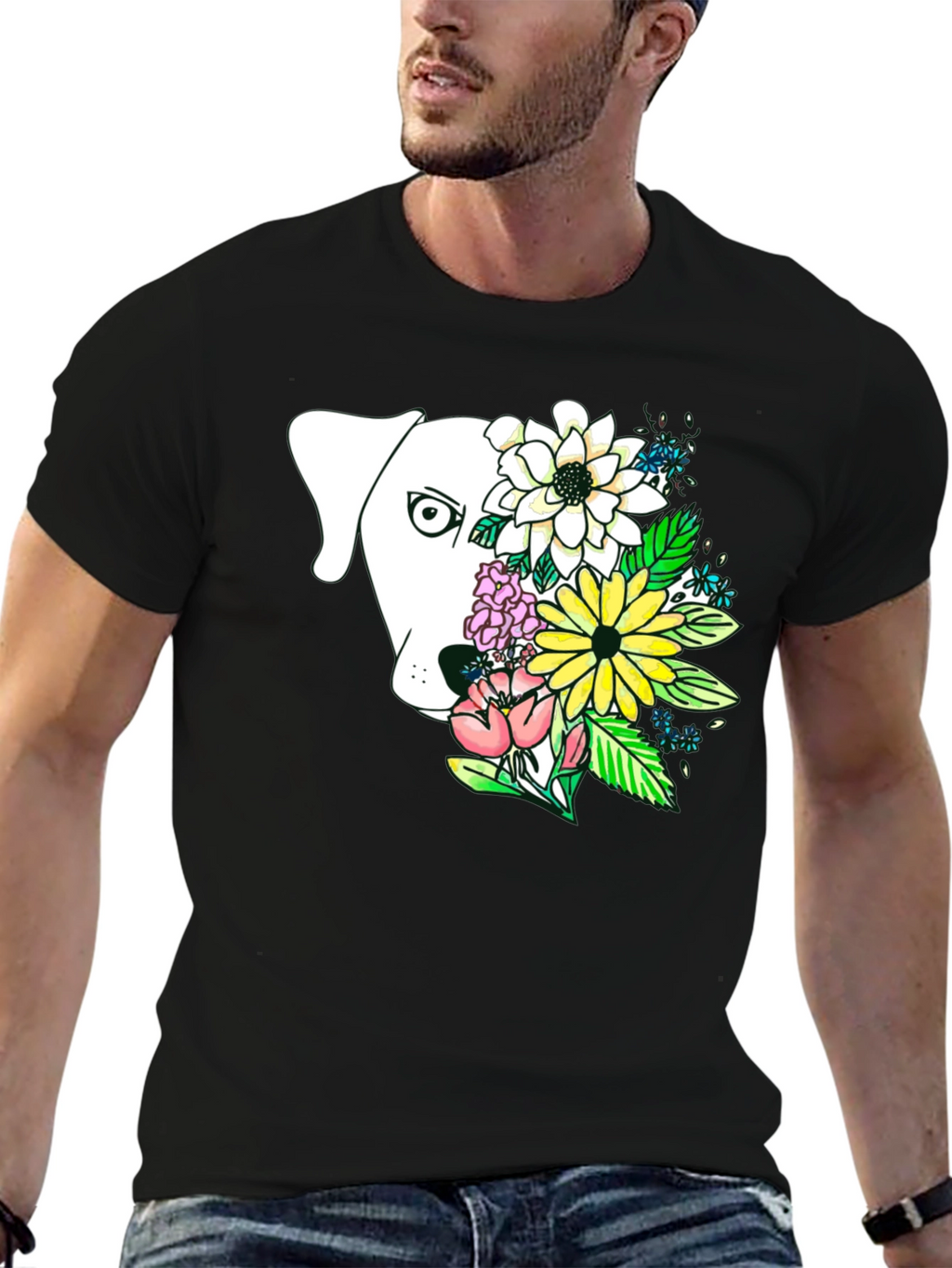 Dog and Floral Graphic Print T-Shirt