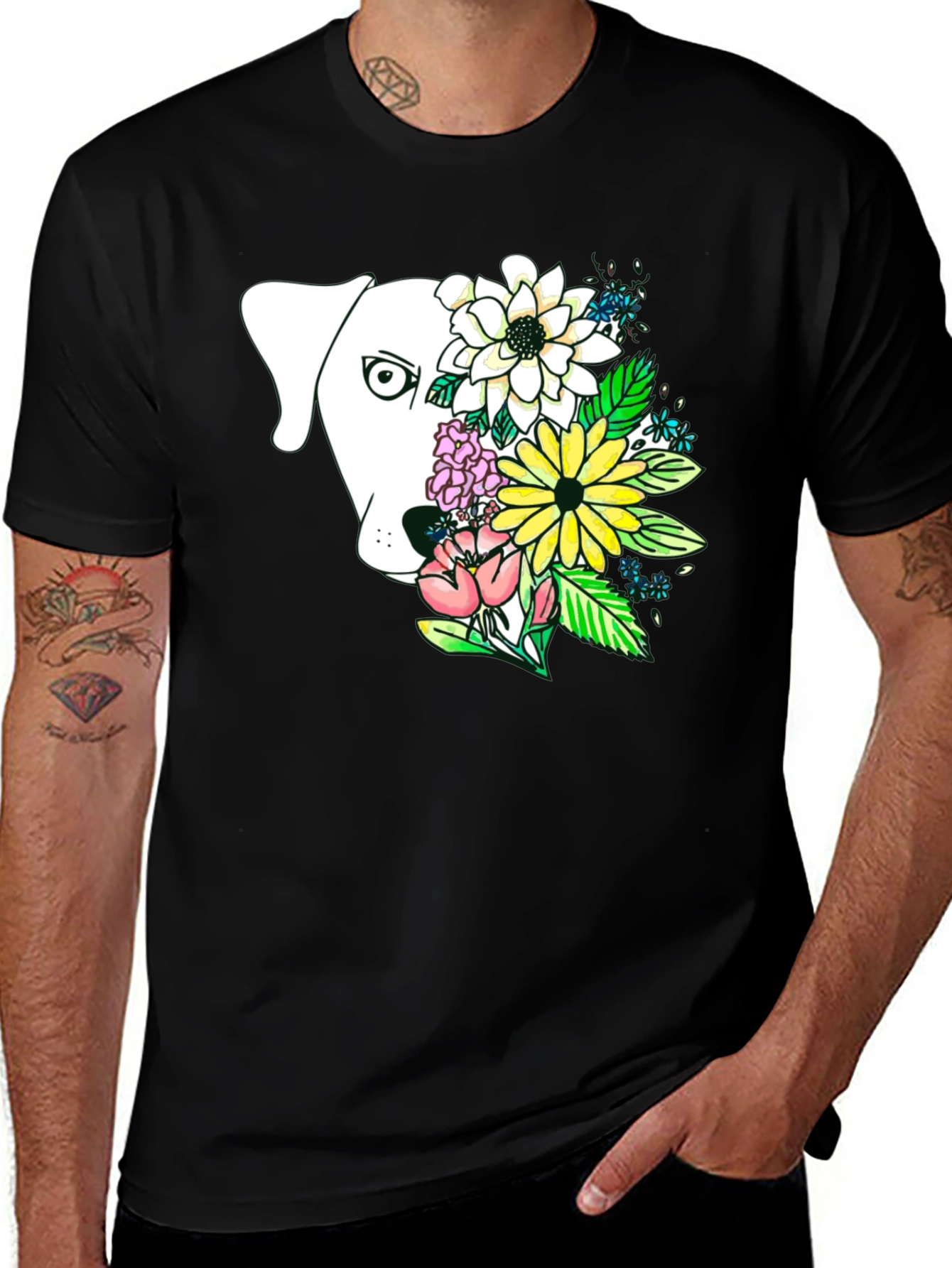 Dog and Floral Graphic Print T-Shirt