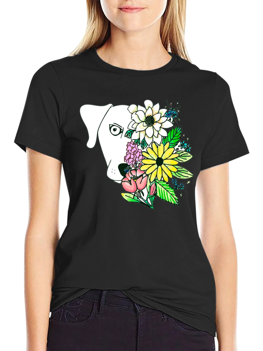Dog and Floral Graphic Print T-Shirt