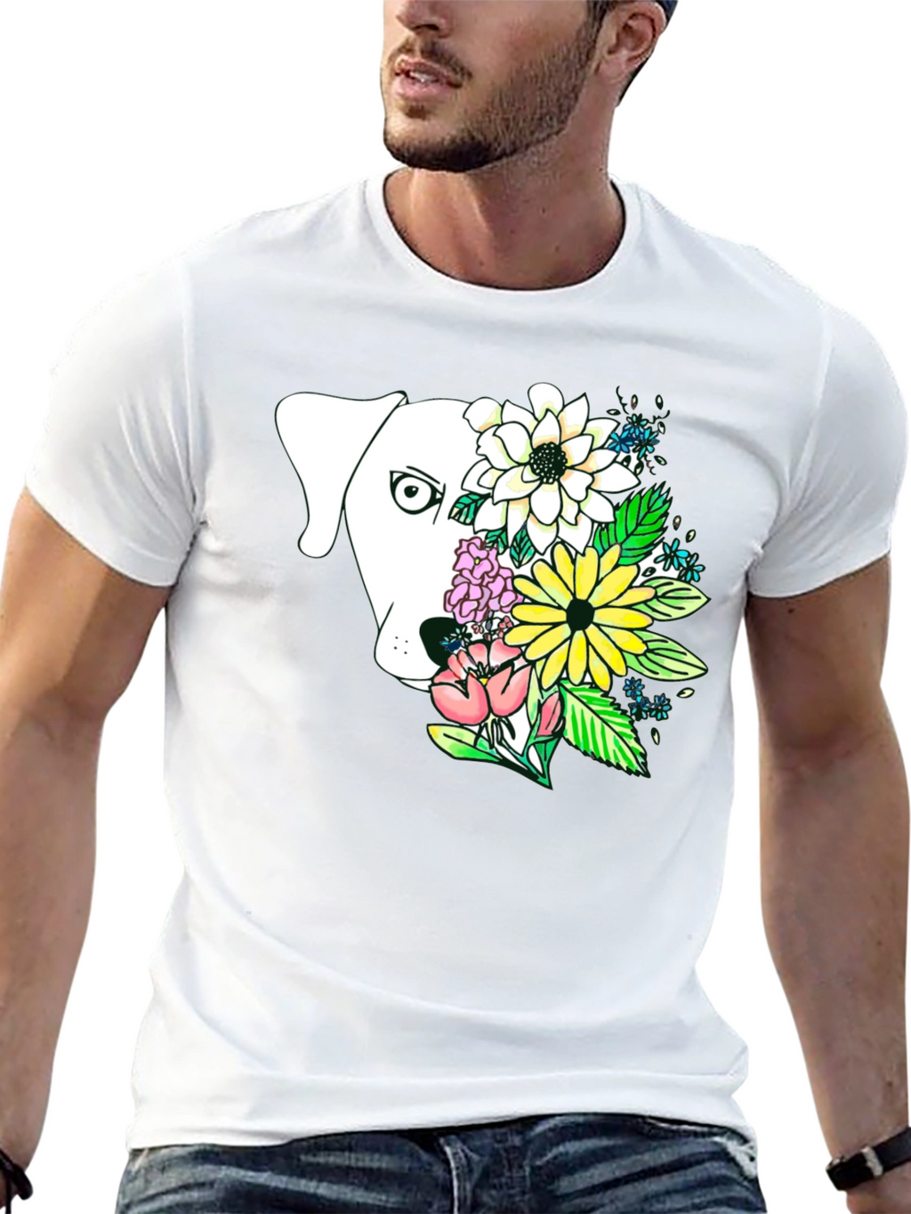 Dog and Floral Graphic Print T-Shirt