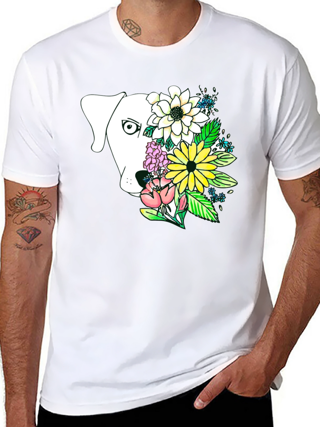 Dog and Floral Graphic Print T-Shirt