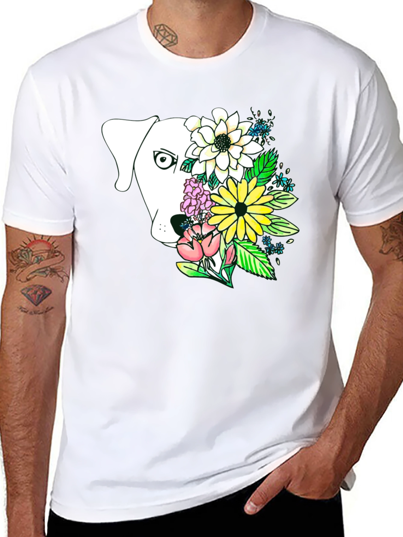 Dog and Floral Graphic Print T-Shirt