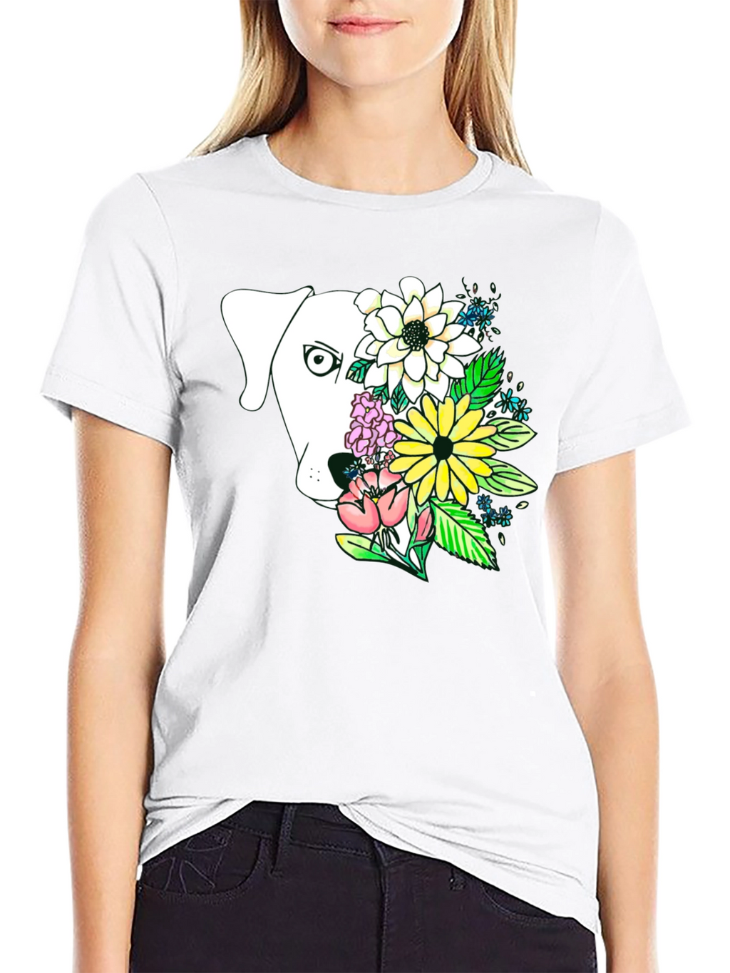 Dog and Floral Graphic Print T-Shirt