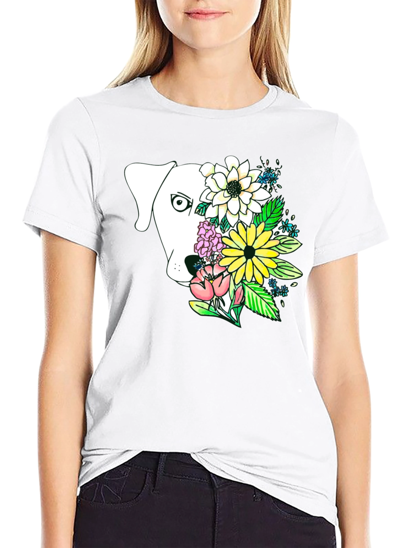 Dog and Floral Graphic Print T-Shirt
