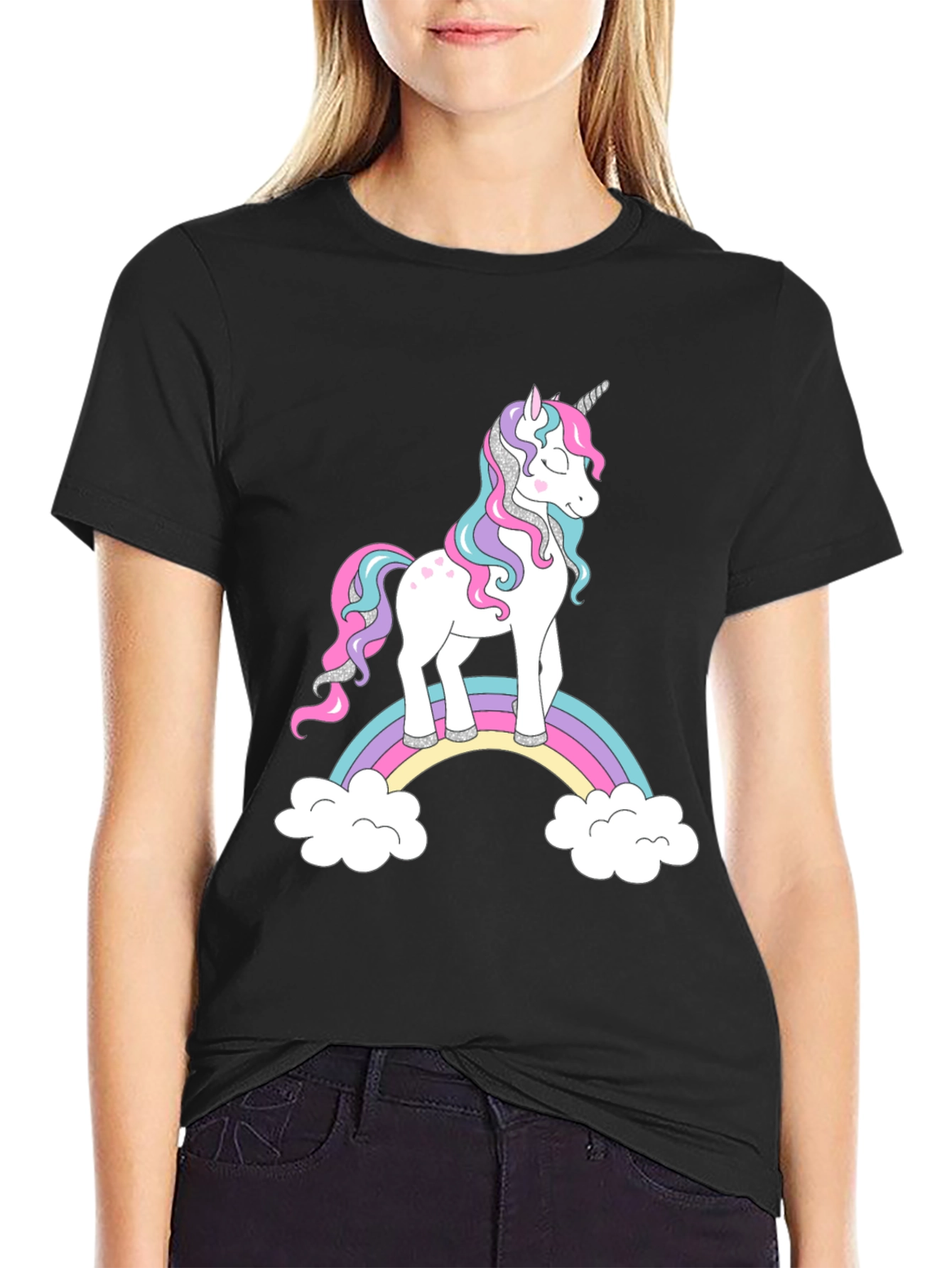Unicorn Rainbow Graphic Black T-Shirt