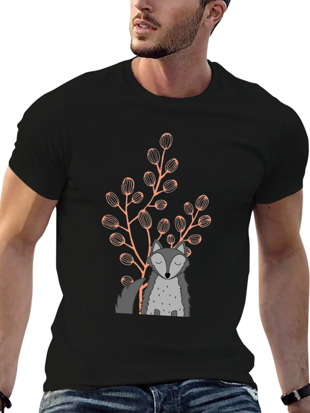 Wolf & Foliage Graphic Black T-Shirt