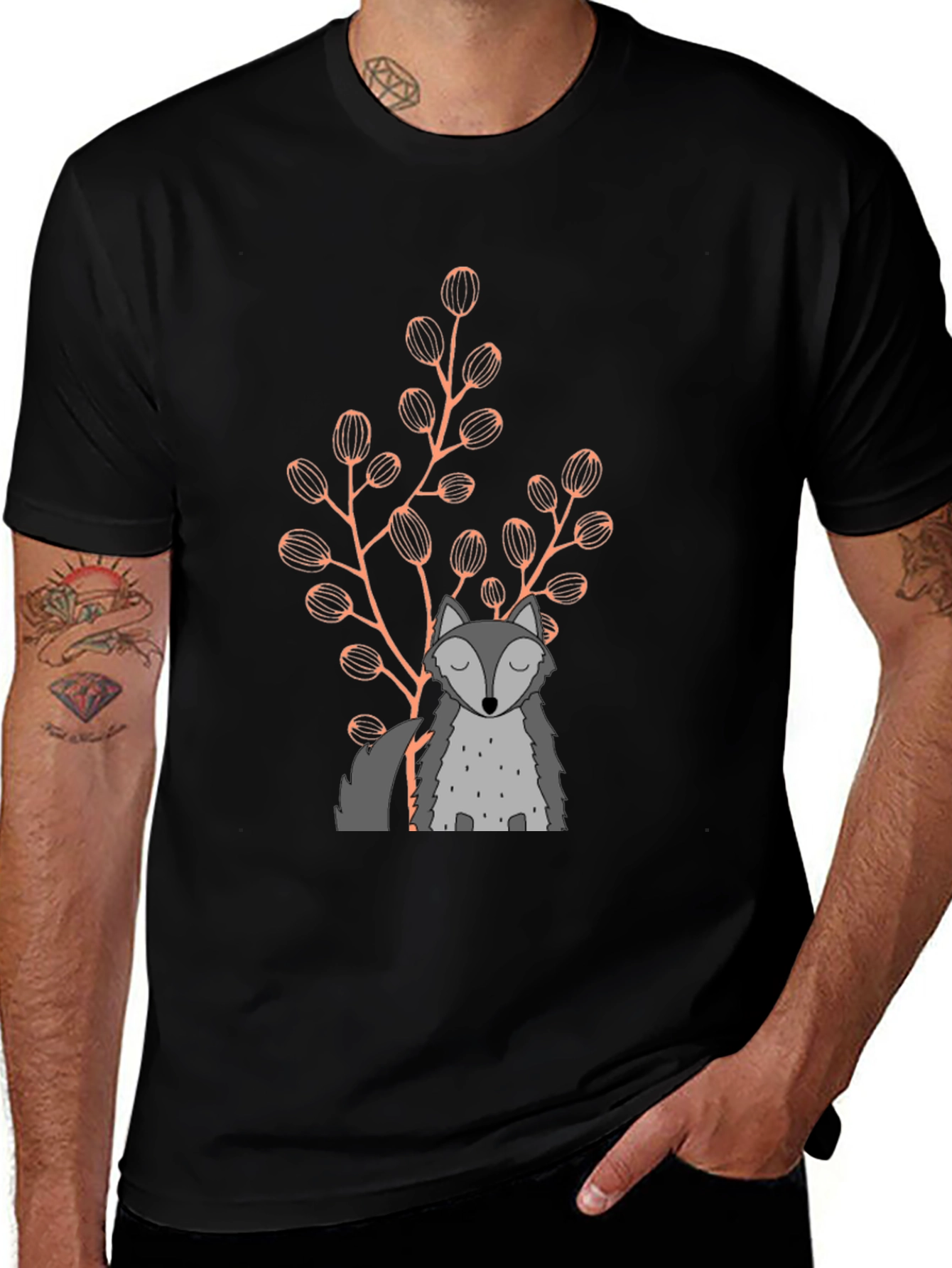 Wolf & Foliage Graphic Black T-Shirt