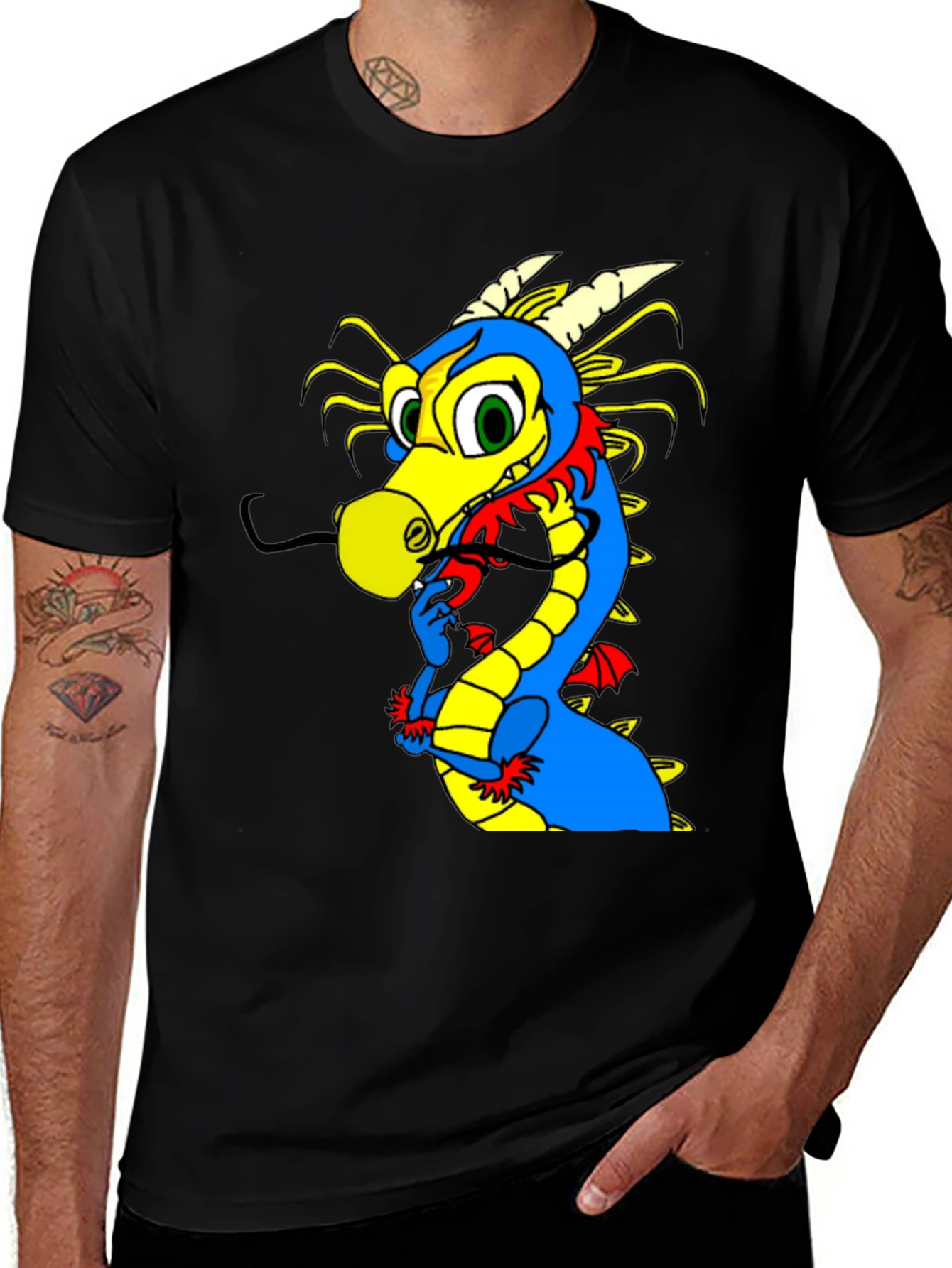 Cartoon Dragon Graphic Tee - Funky Black T-Shirt
