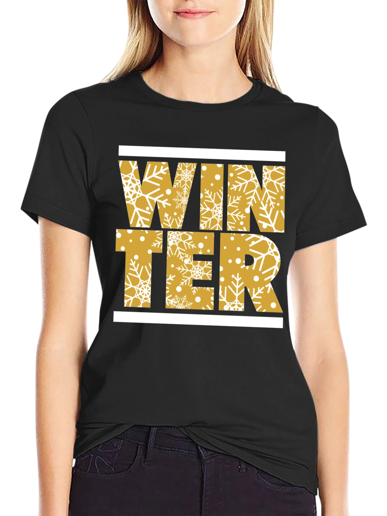 Winter Snowflake Graphic Print Black T-Shirt