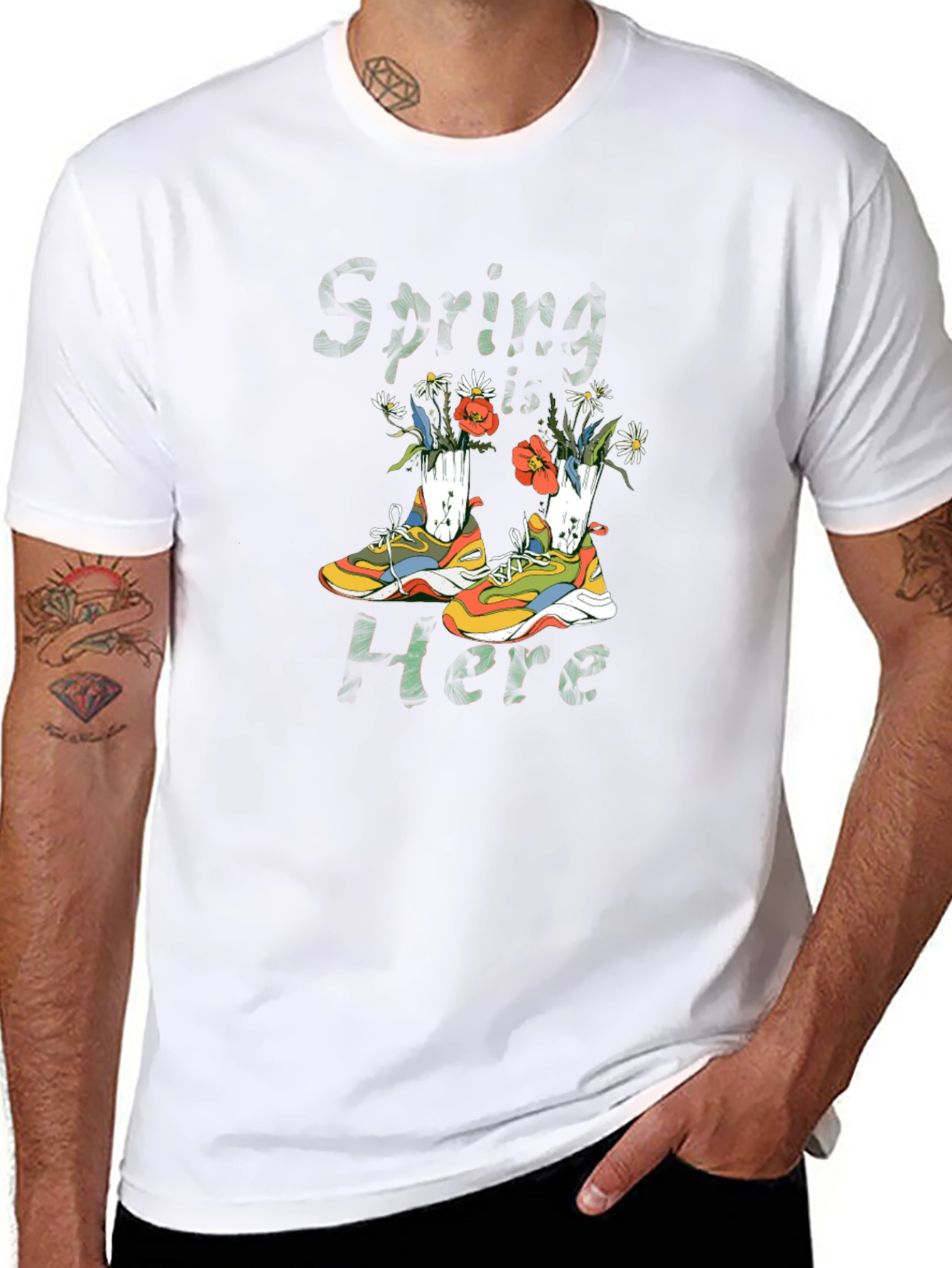 Spring Here T-Shirt with Shoe and Floral Design