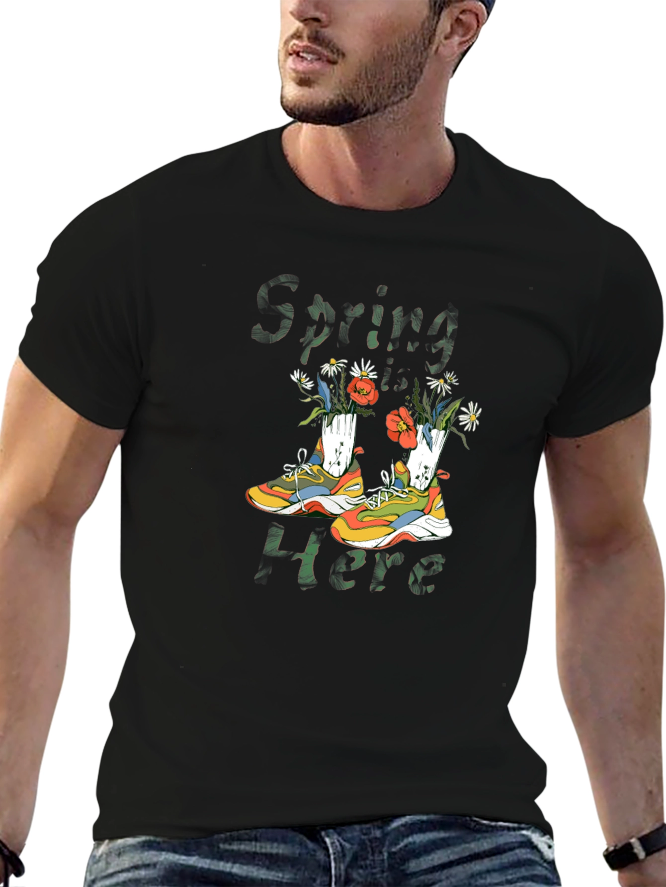 Spring Here T-Shirt with Shoe and Floral Design