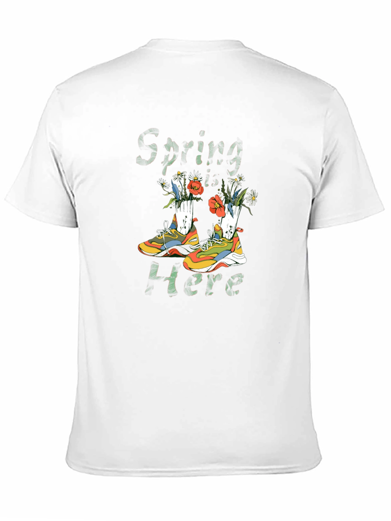 Spring Here T-Shirt with Shoe and Floral Design