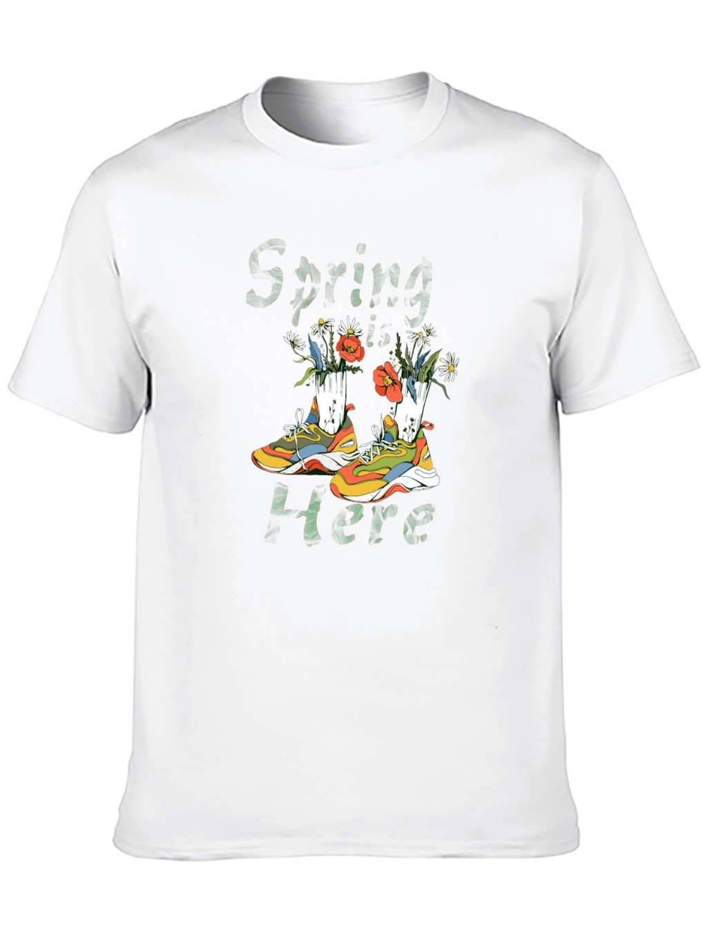 Spring Here T-Shirt with Shoe and Floral Design