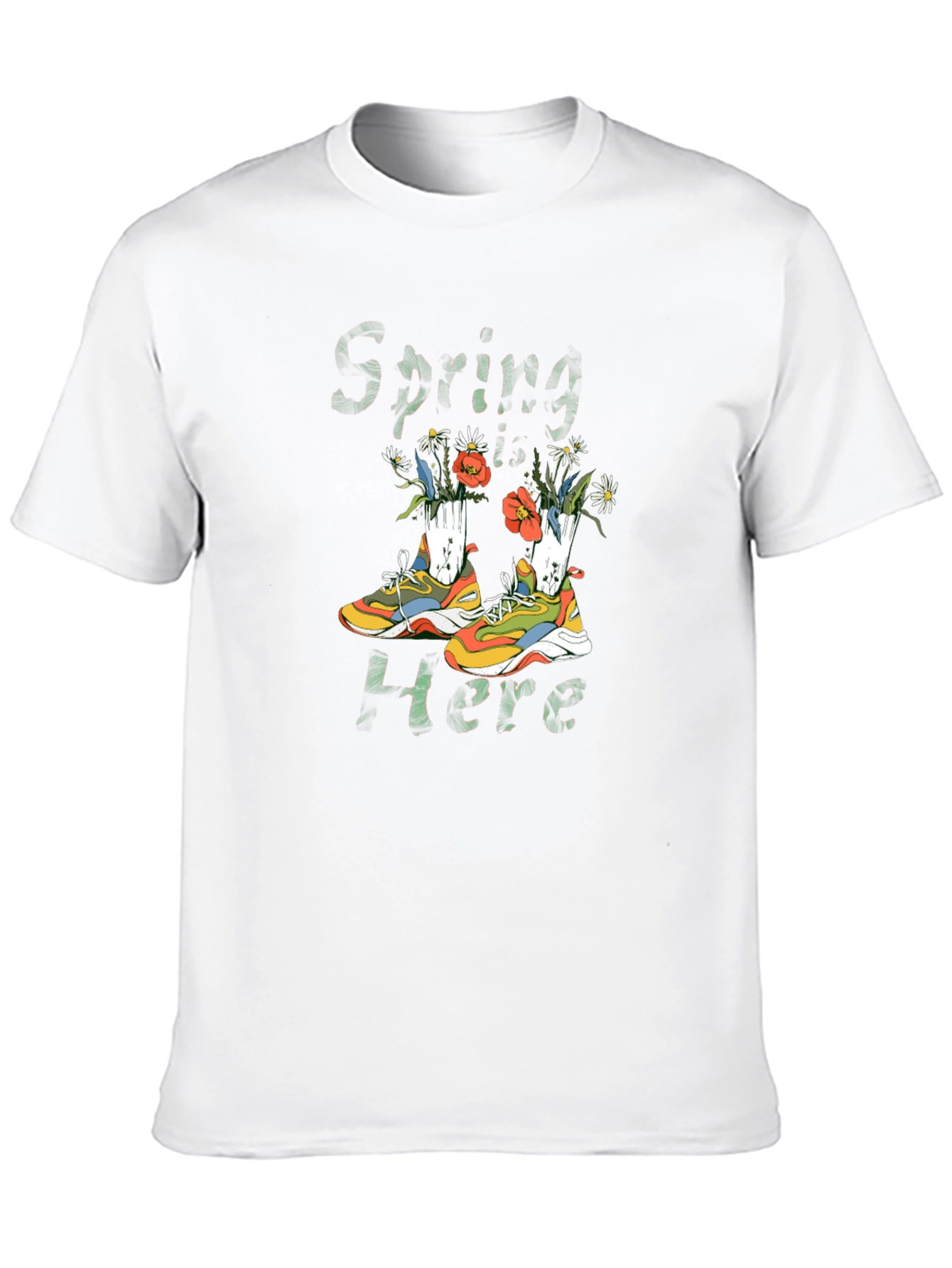 Spring Here T-Shirt with Shoe and Floral Design