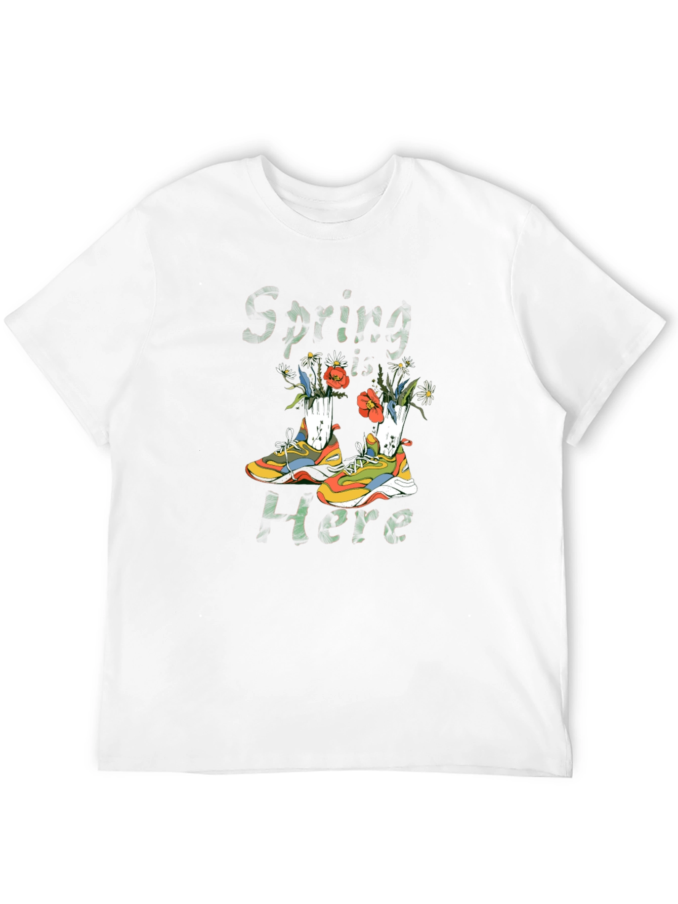 Spring Here T-Shirt with Shoe and Floral Design