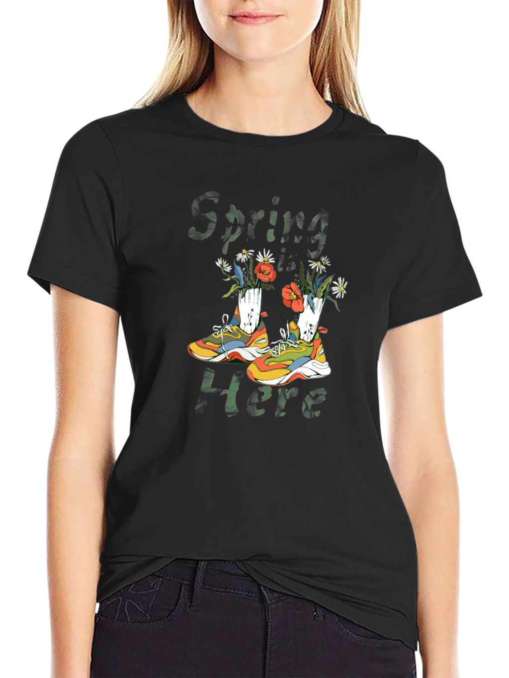 Spring Here T-Shirt with Shoe and Floral Design