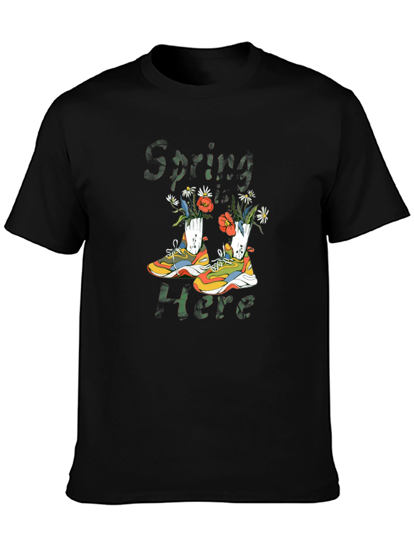 Spring Here T-Shirt with Shoe and Floral Design