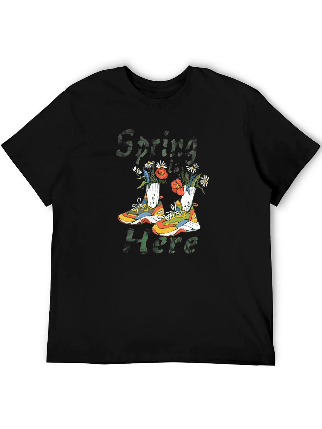 Spring Here T-Shirt with Shoe and Floral Design