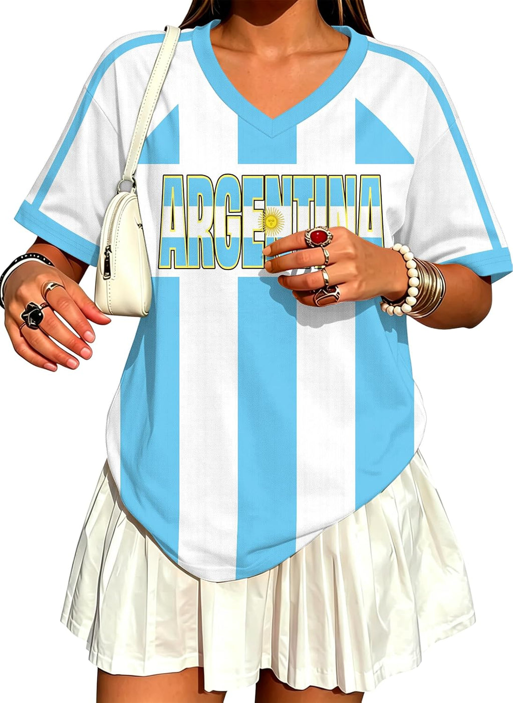 Oversized Mexico Brazil Soccer Jersey, V-Neck Y2K Fan Top