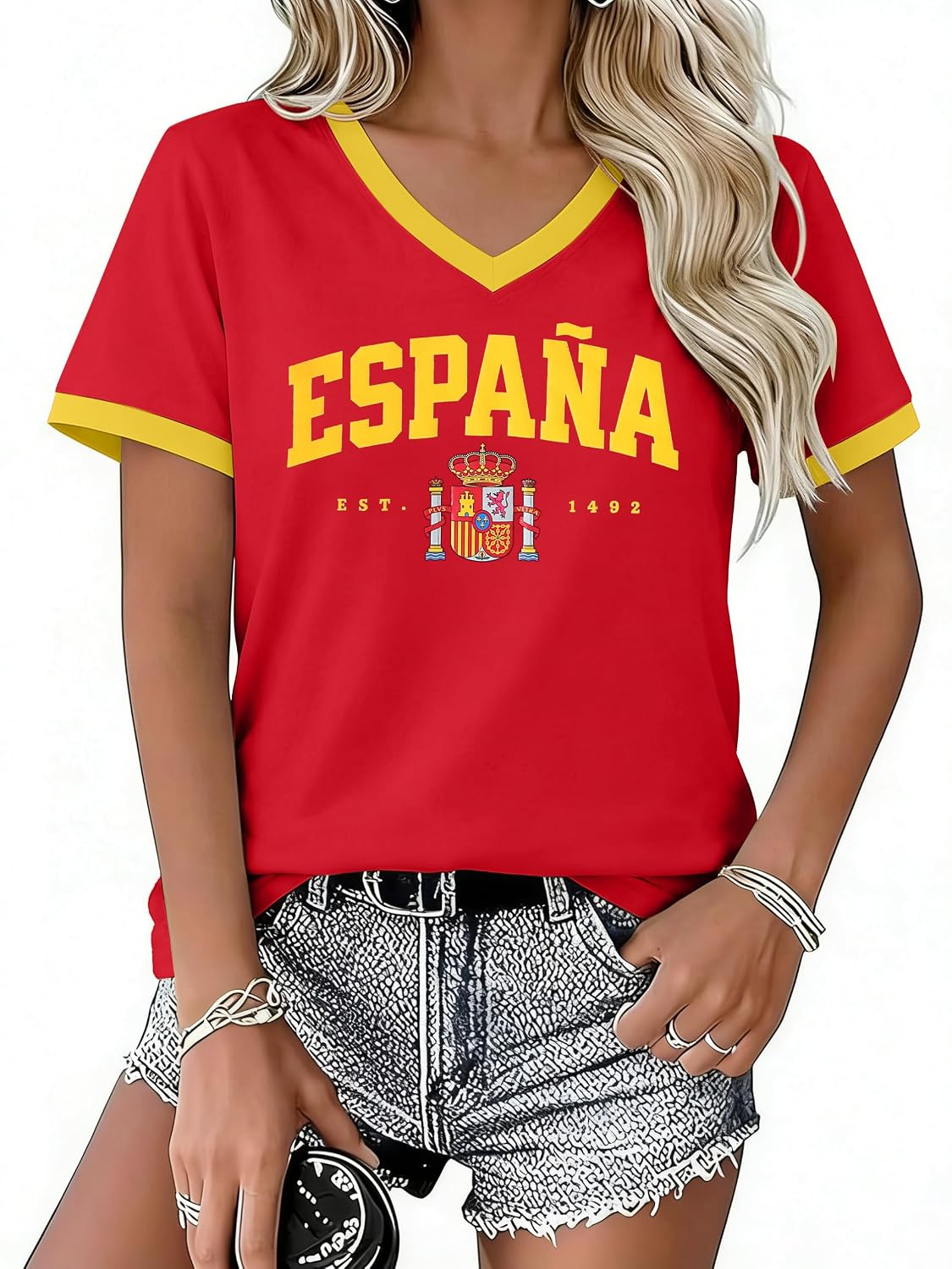 Women's Spain Soccer Jersey Y2K V-Neck Tee