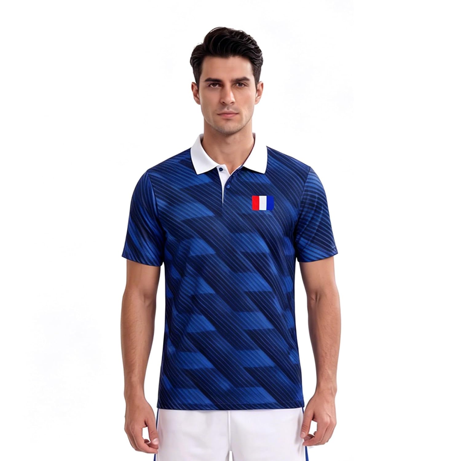 Men's France Flag Soccer Jersey, Blue Geometric Pattern, Short Sleeve, S-2XL