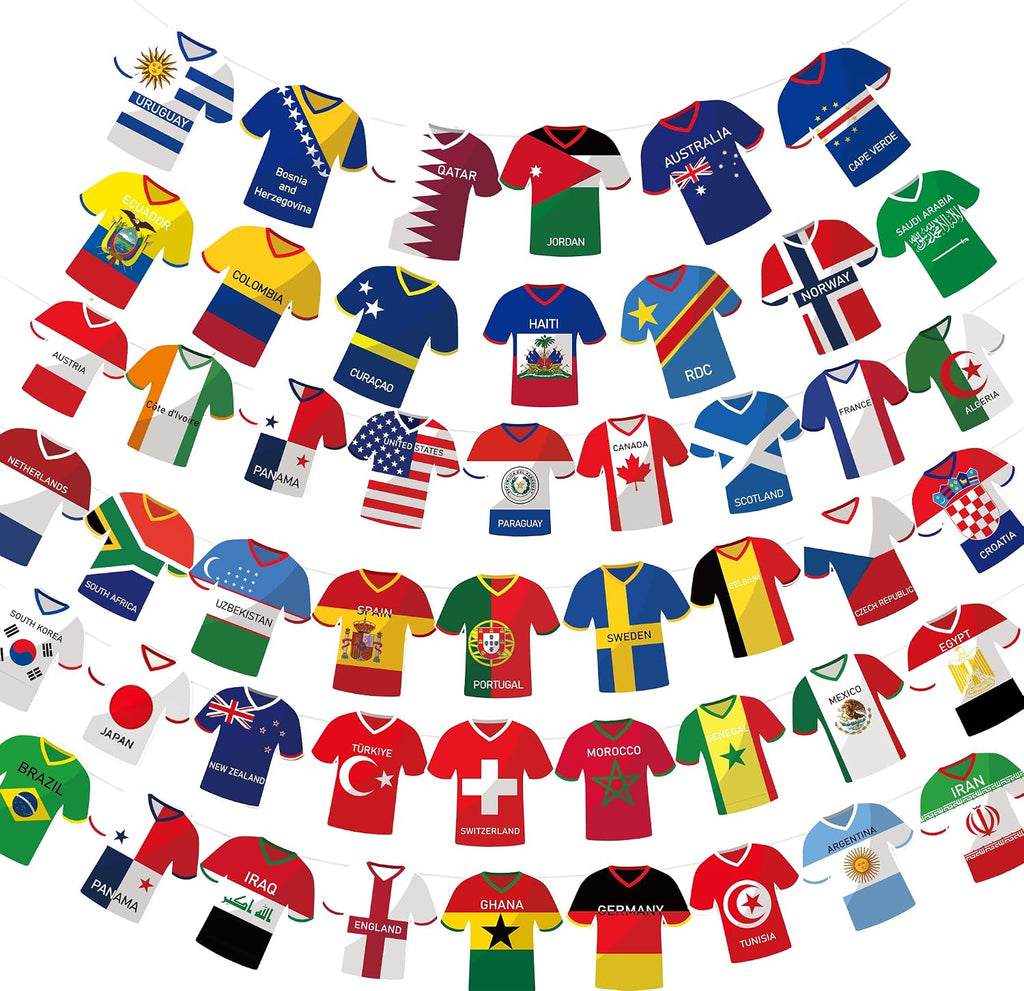 Soccer Jersey Cloth String Flags - 48 Country Bunting Banner for Sports Parties