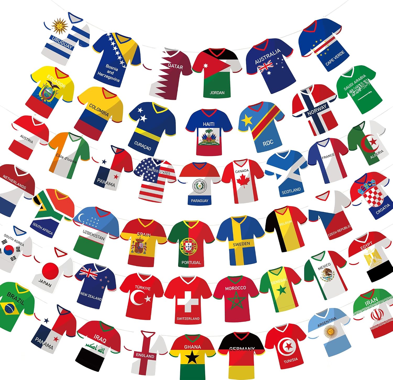 Soccer Jersey Cloth String Flags - 48 Country Bunting Banner for Sports Parties