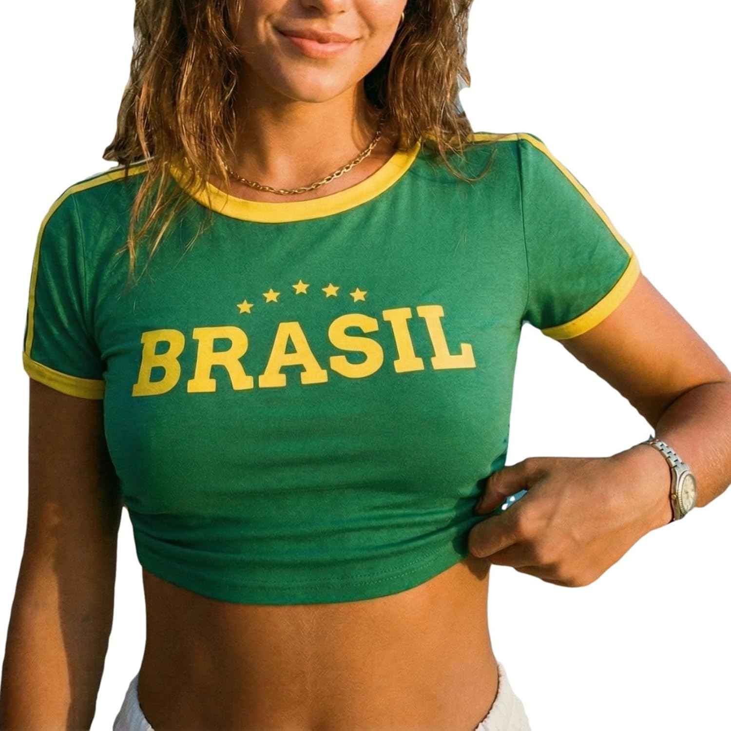 Brazil Flag Embroidered Crop Top for Women Slim Fit Soccer Jersey