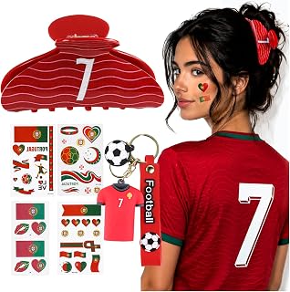 Portugal Soccer Jersey Claw Clip Gift Bundle, World Cup Merch Set with Hair Clips & Keychain
