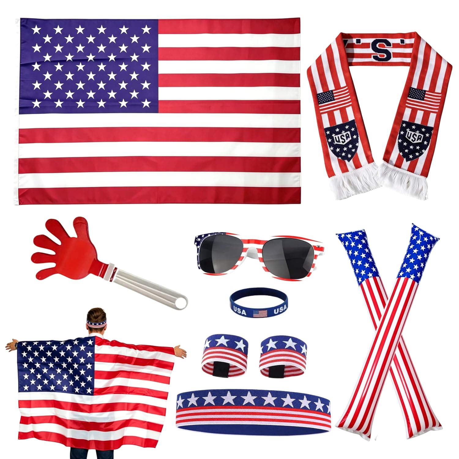 USA Soccer Fan Gear Kit - 10pc Patriotic Soccer Accessories for Game Day & Watch Party