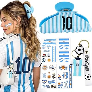 Sky Blue Stripe No.10 Soccer Jersey Keychain, Hair Clip & Argentina Flag Tattoos Gift Set