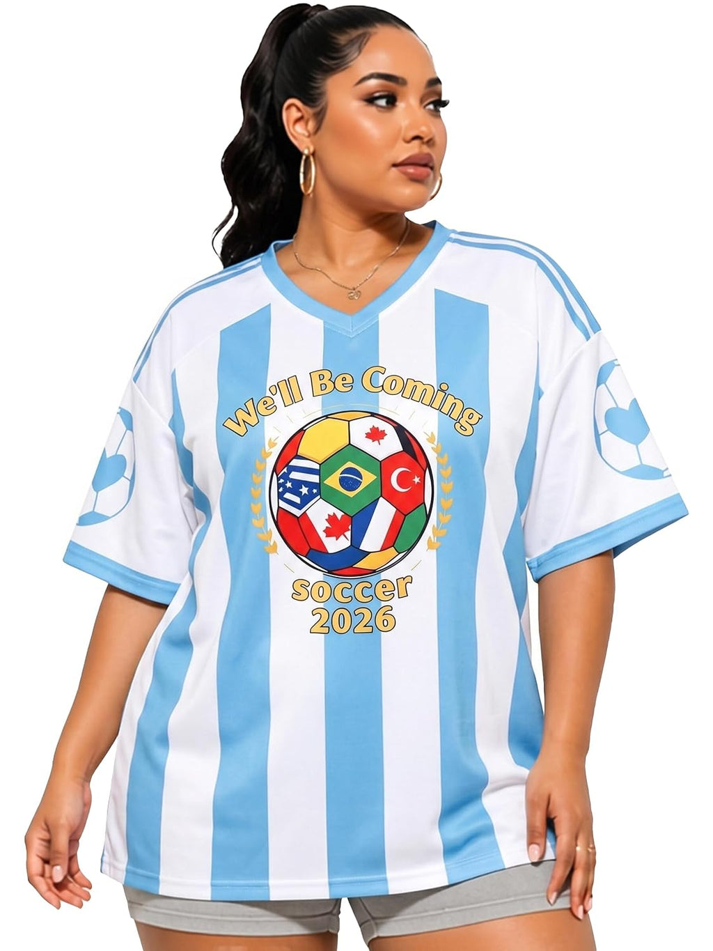 Plus Size Women Soccer Jersey Oversized V-Neck Tee