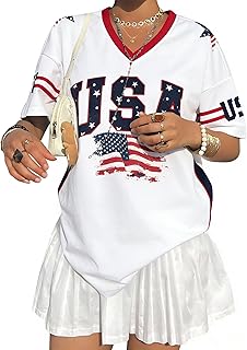 Oversized Patriotic USA Soccer Jersey T-Shirt for Women - American Flag Graphic V-Neck Y2K